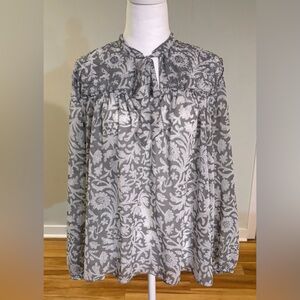 Lucky Brand, Beaded Peasant Top, Gray Floral with Silver Accents, Size M